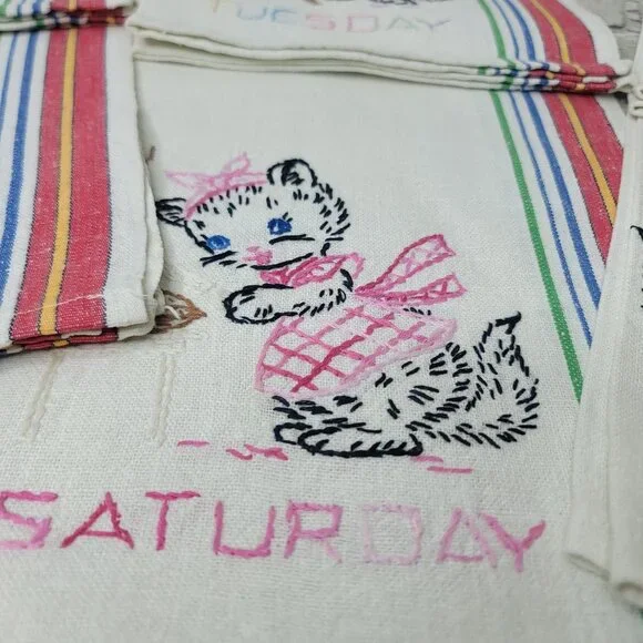 6 Days Of The Week Vtg Cat Kitchen Tea Dish Towels Hand Embroidered Needlepoint